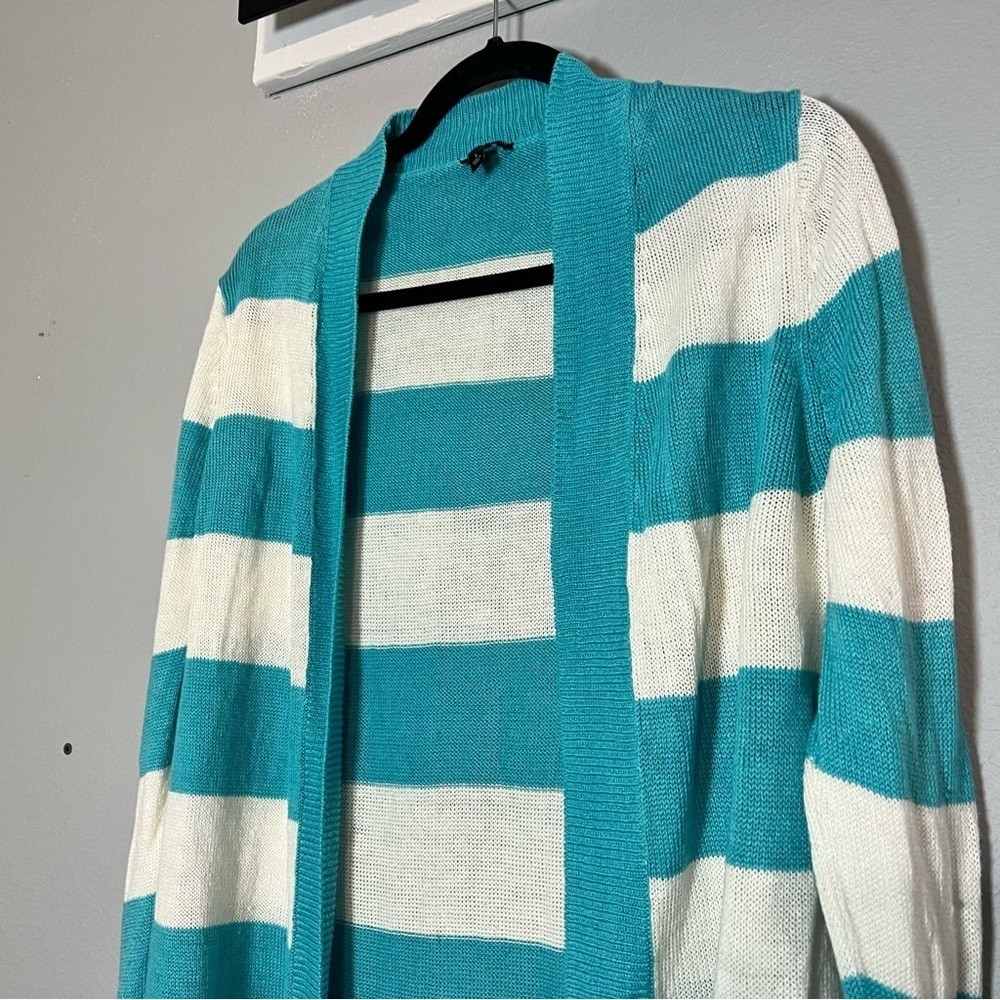 Talbots Cardigan Sweater Linen Striped Bright Blue White Women's Size Large